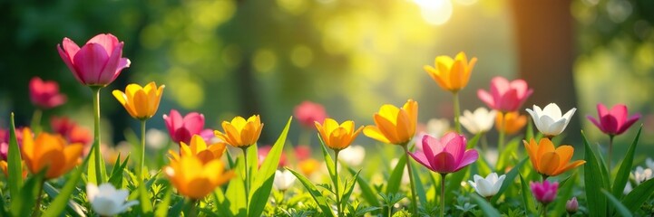 A tranquil and serene scene of a sunny garden with multiple types of blooming flowers swaying gently in the breeze, serene, nature