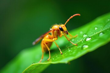 Naklejka premium A wet yellow wasp crawling on a damp green leaf, wet, garden pests