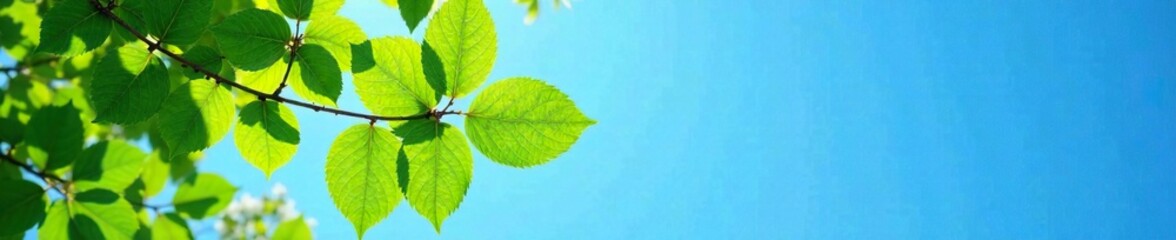 Branches with green leaves against a bright blue sky, foliage, natural world