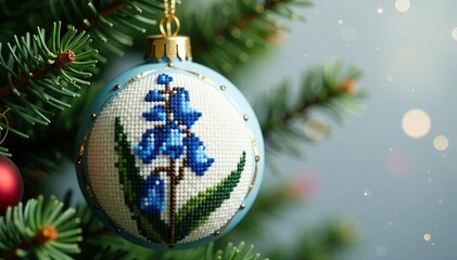 Bluebell cross-stitched ornament on a decorated fir branch, evergreen, nature, floral