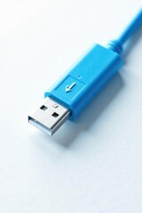 Blue USB cable against a bright white background, isolated, blue usb cable, cord