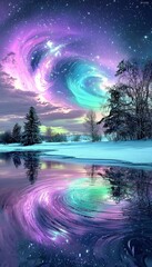 Vibrant reflections of auroras dancing across the water's surface.