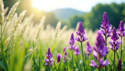 Fototapeta premium Tall grasses sway gently in the breeze as vibrant purple flowers start to bloom, spring growth, floral bursts, purple blooms