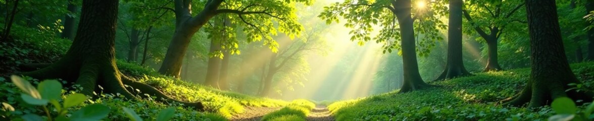 Fototapeta premium Dappled sunlight filters through forest canopy, fairy tale landscape, sunlight filtering, natural wonder