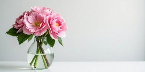 Delicate pink flower bouquet in clear glass vase, white glass vase, simple elegance