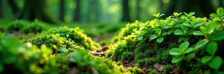 Dense foliage of Pilea microphylla plants with wild moss on a forest floor, wild moss, moss, tropical plants