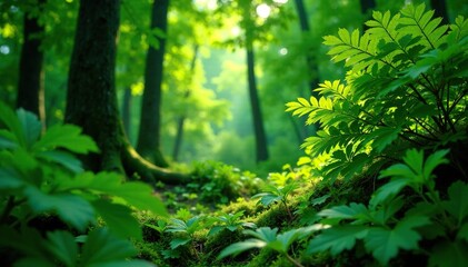 Dense foliage with delicate, green leaves of Mimosa pudica in the forest canopy, green leaves, canopy