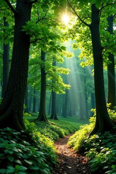 Dense canopy of Diospyros decandra trees in forest clearing, forest, sunlight