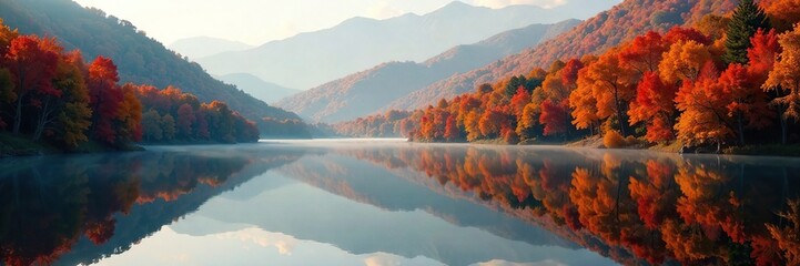 Foliage in shades of gold and crimson reflected in lake, Kingsport, nature, reflection
