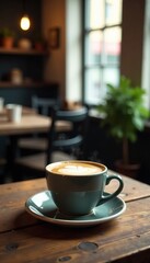 Fototapeta premium A single cup of steaming hot coffee on a rustic wooden table in a quaint cafe environment, cozy, rustic