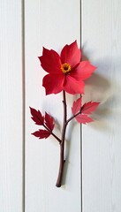 A single red paper flower on a branch against a white wooden background, wood, , branch