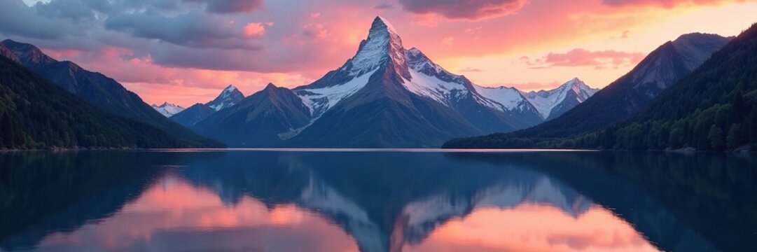 A serene mountain lake at dusk with the Dent Du Ratier peak in the background, reflection, sky, sunset