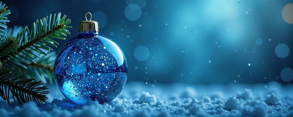 Blue and clear glass Christmas ornament in air, sparkling, glass ornament