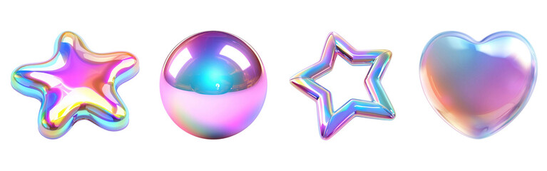 3D vibrant iridescent shape png cut out element set, transparent background