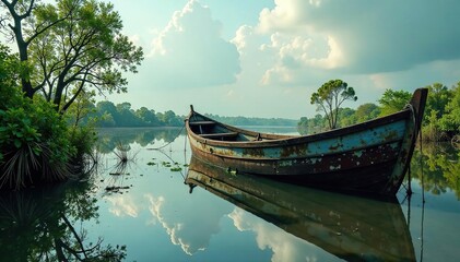 Obraz premium Boat partially submerged in the flooded wetlands, decayed, wetlands, marine