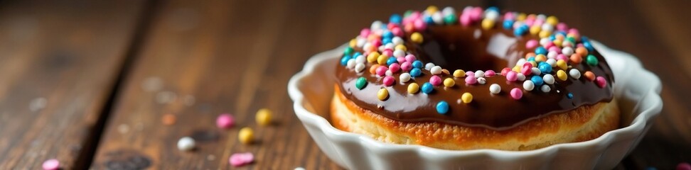 Chocolate doughnut topped with creamy chocolate frosting and decorated with colorful sprinkles in a bowl, tasty, dessert