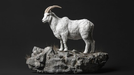 Majestic White Goat Standing on Rocky Formation with Natural Grass Details in Dramatic Lighting