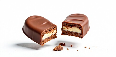 Chocolate Wafer Treat Broken In Half Flying On White Background Isolated, indulgence, broken, treat