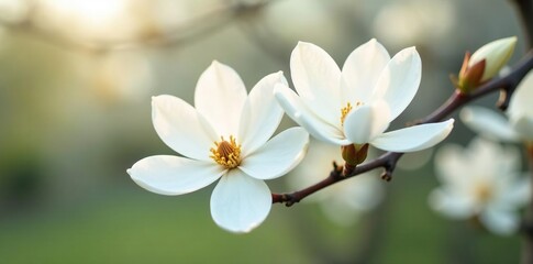 Obraz premium Large white magnolia flowers blooming on a tree branch in spring, branches, blossoms, white