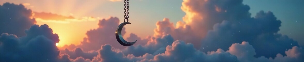 Fototapeta premium Dainty chain holding a crescent moon pendant amidst clouds, charm, lunar