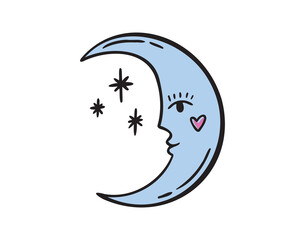 Moon face doodle element. Blue mystical cartoon whimsical boho style. Moon space cosmic line icon.