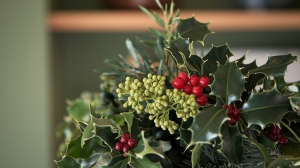 Festive Holly Arrangement with Red Berries and Green Buds
