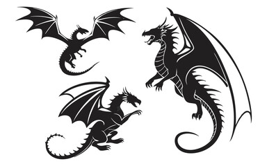 A trio of dragon silhouettes in flight and combat stances, capturing the essence of mythical and fantasy creatures. Great for use in fantasy artwork, book covers, or tattoo designs.