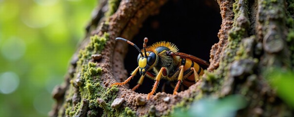 Nest of Asian hornet Vespa velutina in a hollow tree, venomous animal, insect nest