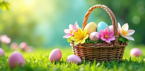 Fototapeta premium pastel colored Easter basket filled with spring flowers and eggs, garden scene,, whimsical easter setup