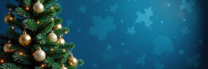 Fototapeta premium Decorated Christmas tree with blue background and silver gold ornaments, gold balls, holiday decoration