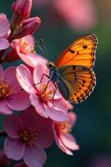 Fototapeta premium Delicate copper-colored butterfly perched on a vibrant tree blossom, copper lycaena phlaeas butterfly, flower
