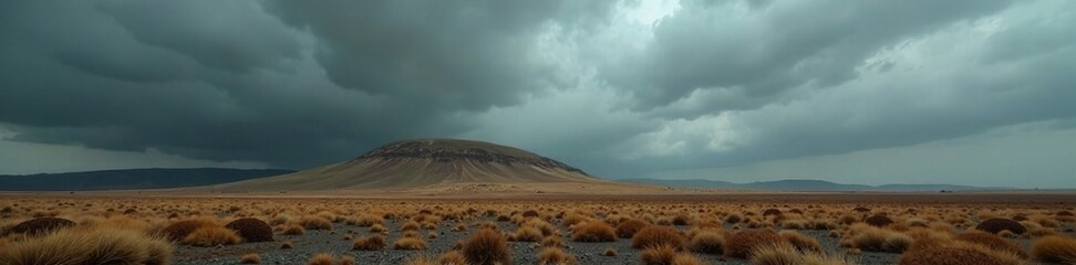 Desolate landscape with a hill in the distance under a dark gray cloud-filled sky, somber, distant, weathered