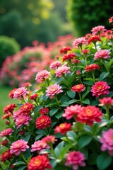 Dense thicket of ornamental shrubs in full bloom, flowering plants, garden decorations