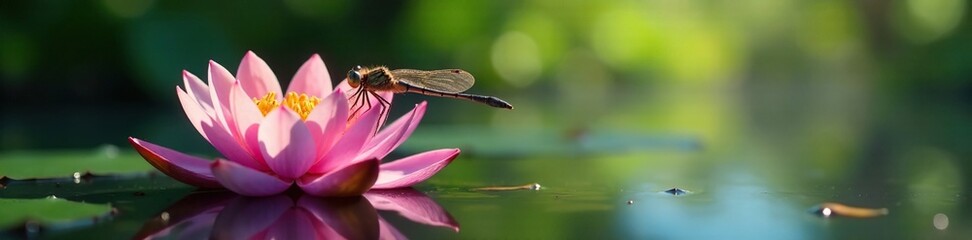 Fototapeta premium Dragonfly sipping nectar from a water lily flower near the river, blossom, water lily, nature