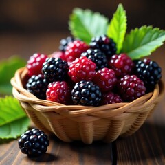 Ripe mulberries in a wooden basket with some leaves, closeup, juicy