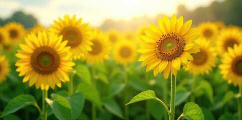 Obraz premium Field of bright yellow sunflowers with green leaves and stems stretching towards sunlight, stems, yellow