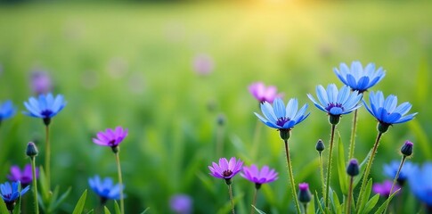 Field of blue cornflowers with a few violet flowers, field, wildflowers