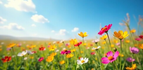 Fototapeta premium Soft focus on a field of vibrant wildflowers against the backdrop of a bright blue sky, blooming flowers, landscape, flowers