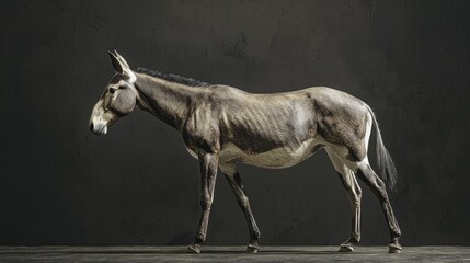 Full body profile of a donkey against a dark textured background showcasing animal anatomy and realistic proportions
