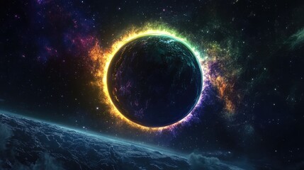 Obraz premium solar eclipse overlay effect neon blue, yellow, green, purple blazing star edge behind planet in dark sky