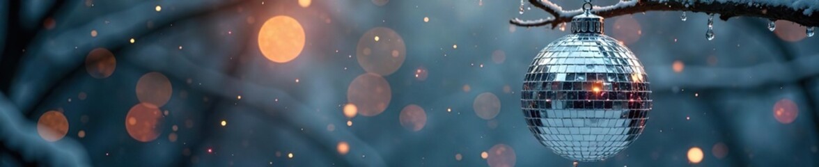 Obraz premium Sparkling snowflakes on a shimmering silver disco ball suspended from a tree branch, disco, icy