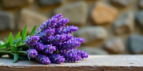 Fototapeta premium Lavender bouquet on a wooden bench with a natural stone background, natural, bench