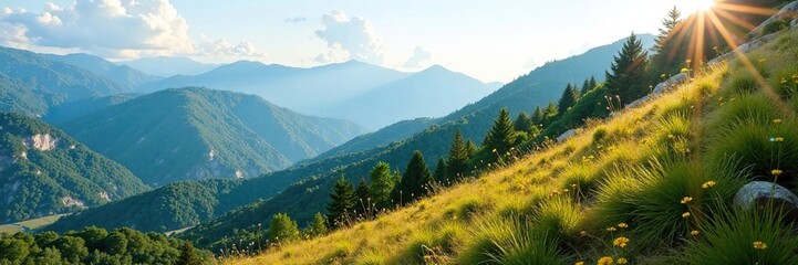Fototapeta premium Lush vegetation on a hillside with brown earth, terrain, landscape, mountains