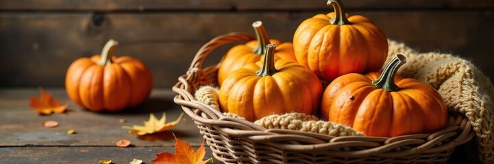 Pumpkins and knitted blankets in a rustic basket, elements, knitted, blankets