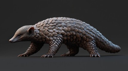 Obraz premium Detailed 3D Rendering of a Realistic Pangolin Walking on a Dark Background with Intricate Scale Textures