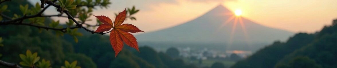 A lone leaf clings to its branch in the silence of the forest under Mount Fuji's watchful eye at dawn, outdoor photography, morning light, mount fuji
