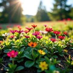 Obraz premium Saxifrage blooms in short Arctic summer sunlight, landscape, trees, short summer