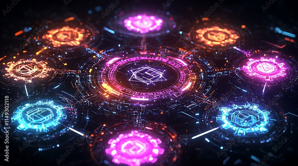 Poster Futuristic digital network with glowing nodes and interconnected lines.