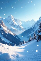 Fototapeta premium Snowflakes gently falling on a serene winter scene, frosty, calm, icy mountains