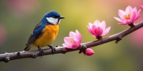 Fototapeta premium A small, colorful bird perched on a blooming tree branch, beak, flight